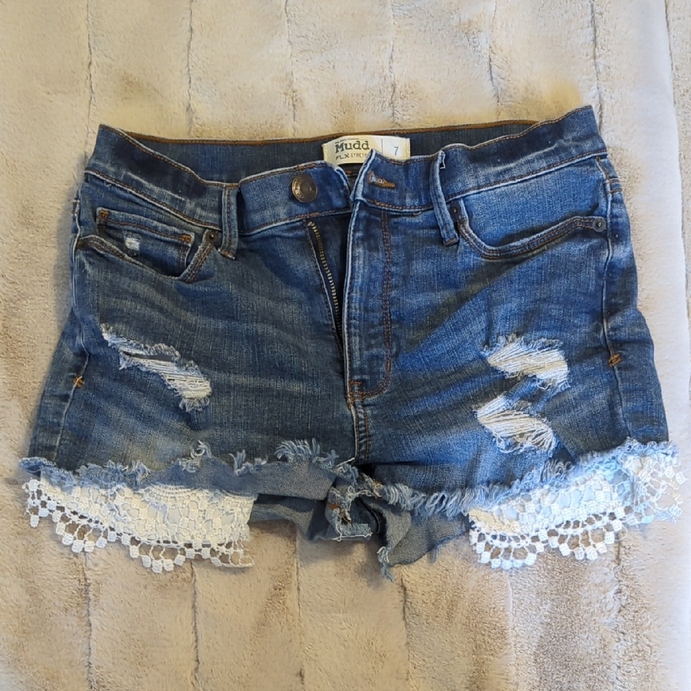 Mudd Blue Distressed Jean Shorts with White Lace